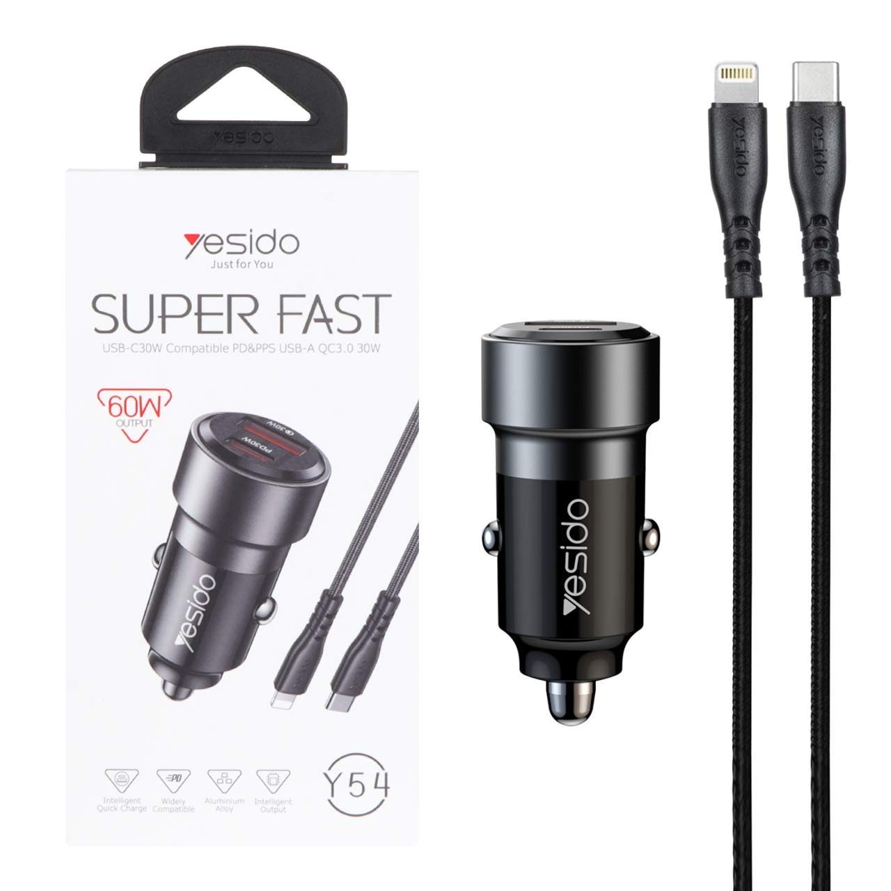 شارژر فندکی PD و فست دو پورت Yesido مدل Y54 60W به همراه کابل شارژ Type-C To Lightning - مشکی (گارانتی 18 ماه تعویض نیکان همراه)