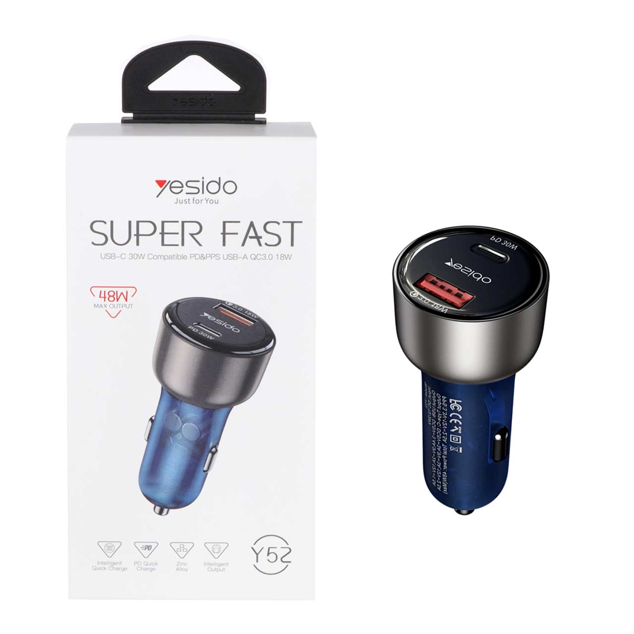 شارژر فندکی PD و فست دو پورت 48 وات Yesido مدل Y52 48W - مشکی (گارانتی 18 ماه تعویض نیکان همراه)