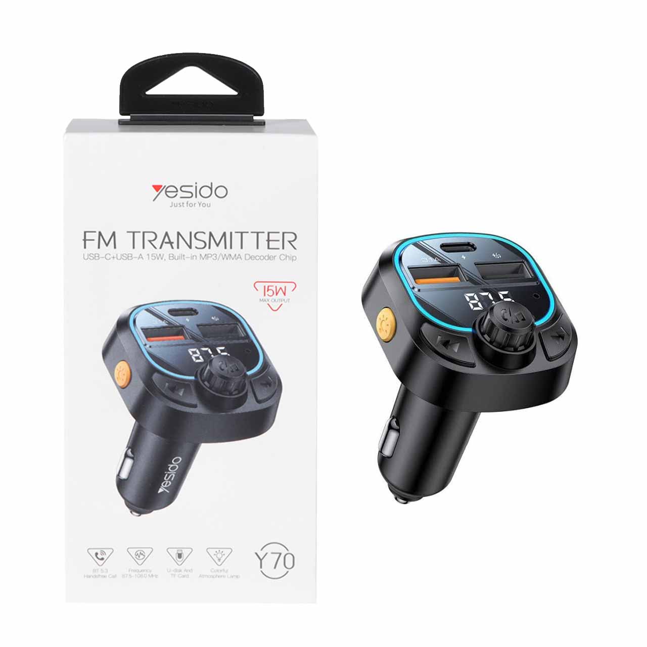 شارژر فندکی PD و فست دو پورت و گیرنده بلوتوثی Yesido FM PLAYERمدل Y70 15W - مشکی (گارانتی 18 ماه تعویض نیکان همراه)
