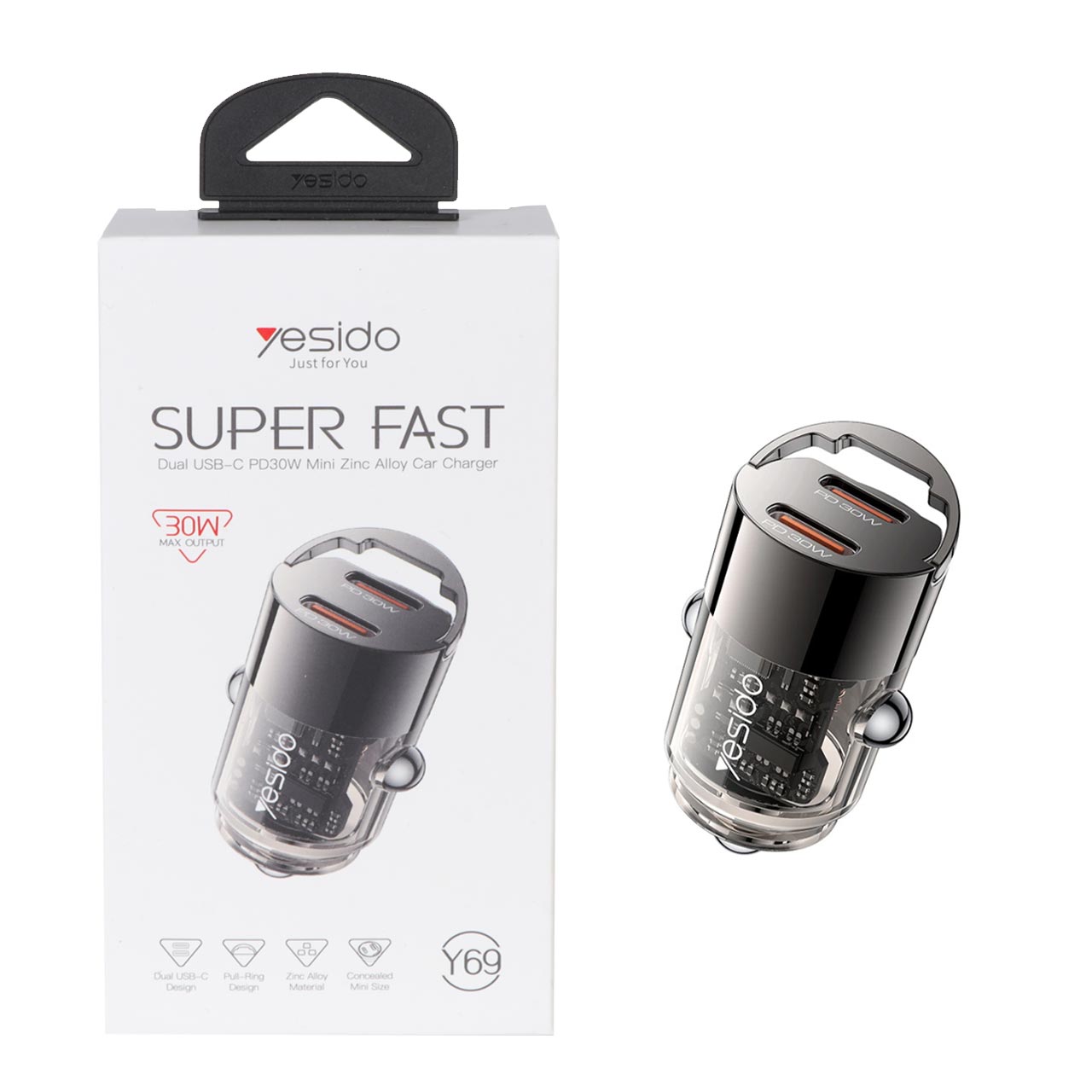 شارژر فندکی PD و فست دو پورت Yesido مدل Y69 30W - مشکی (گارانتی 18 ماه تعویض نیکان همراه)