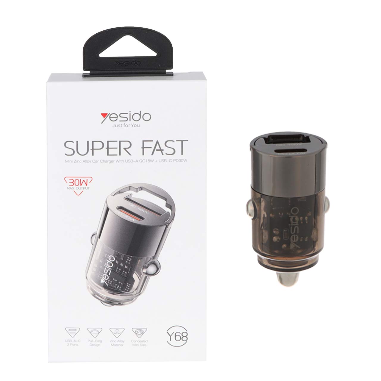 شارژر فندکی PD و فست دو پورت Yesido مدل Y68 30W - مشکی (گارانتی 18 ماه تعویض نیکان همراه)