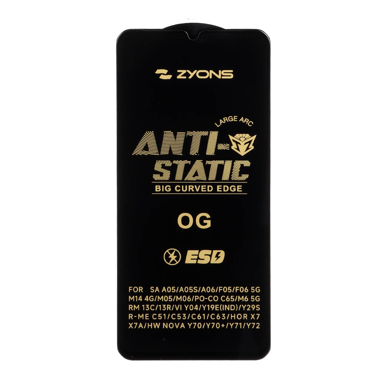 محافظ صفحه نمایش شیشه ای Full Cover ESD Anti Static - Zyons OG مدل Samsung Galaxy A07 / A06 / A05 / Xiaomi Redmi 13C / Poco C65 / Poco M6 5G / Honor X7 / X7A / Realme C51 / Realme C53