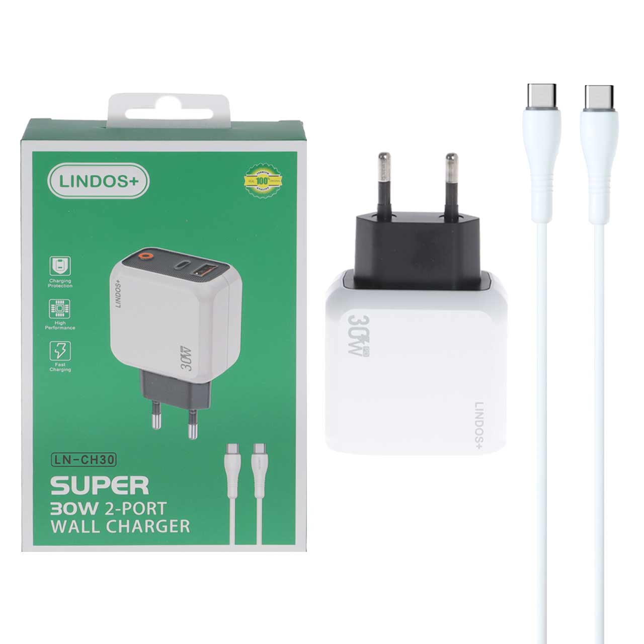 شارژر دیواری فست و PD دو پورت +Lindos مدل LN-CH30 30W به همراه کابل شارژ Type-C To Type-C - سفید