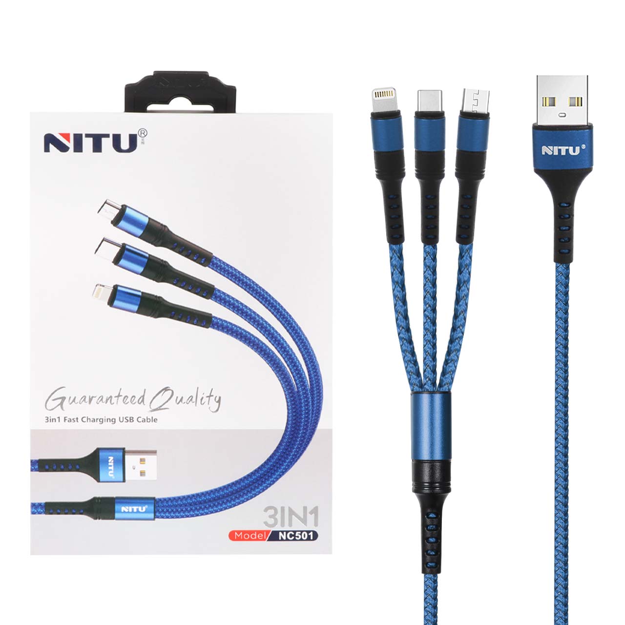 کابل شارژ و دیتا فست کنفی 1.2 متری سه کاره Nitu مدل NC501 - آبی (کارکرده)