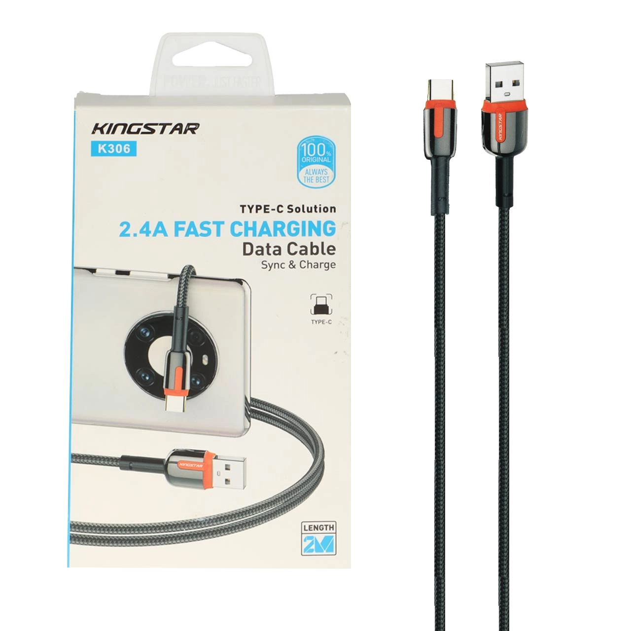 کابل شارژ 2 متری KingStar Type-C مدل K306 - مشکی (گارانتی متین)
