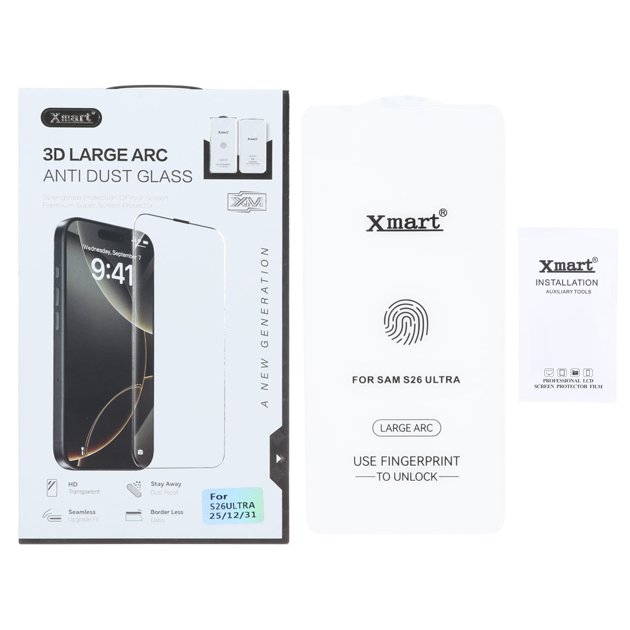 محافظ صفحه نمایش شیشه ای Xmart 3D Large Arc مدل Samsung Galaxy S26 Ultra بدون حاشیه (پک دار)