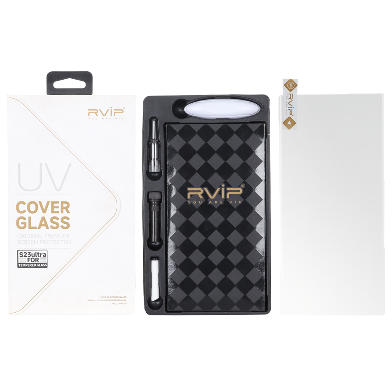 محافظ صفحه نمایش اورجینال Rvip-UV به همراه لامپ و چسب UV و روغن ضد حباب و دستمال Samsung Galaxy S23 Ultra (پک دار)