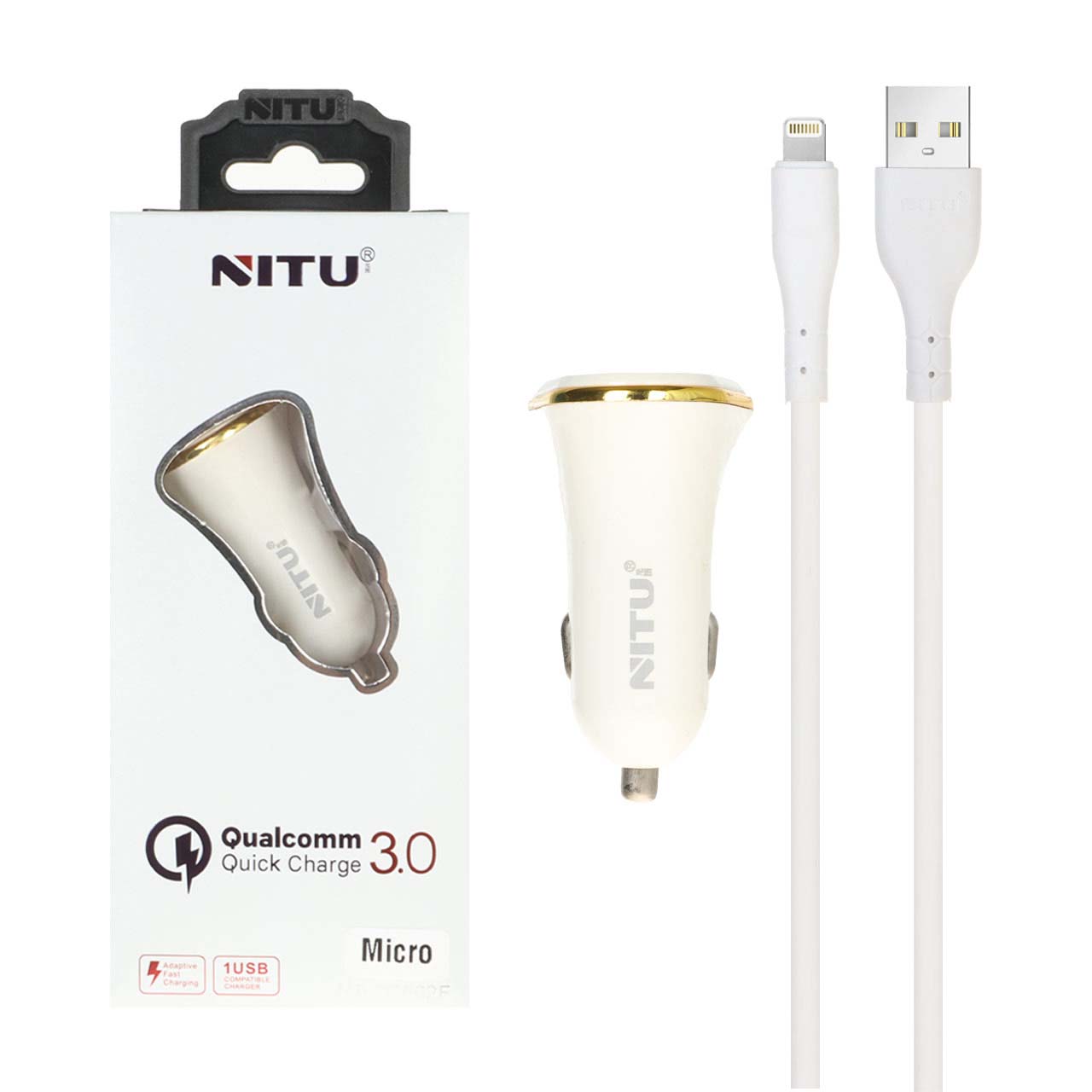 شارژر فندکی فست تک پورت NITU مدل NT-CC802F به همراه کابل شارژ آیفون - سفید (گارانتی 18 ماه تعویض نیکان همراه)